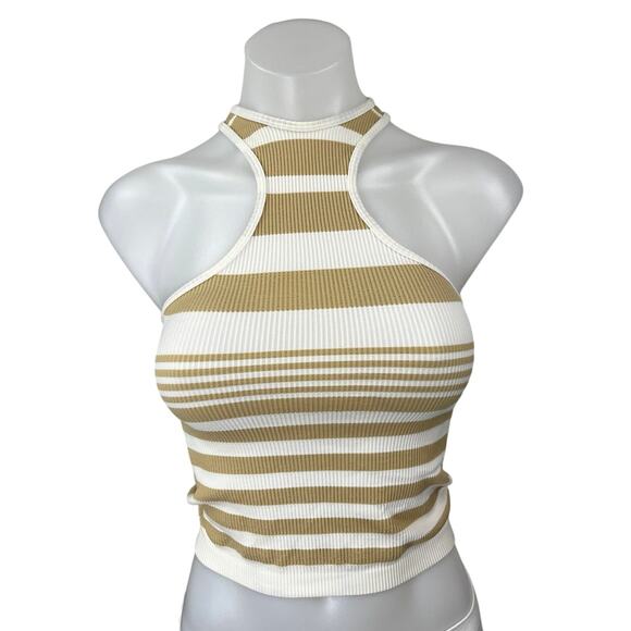 Stradivarius Gold White Striped Sleeveless Racerback Rib Knit Tank Crop Top XS - Picture 1 of 3
